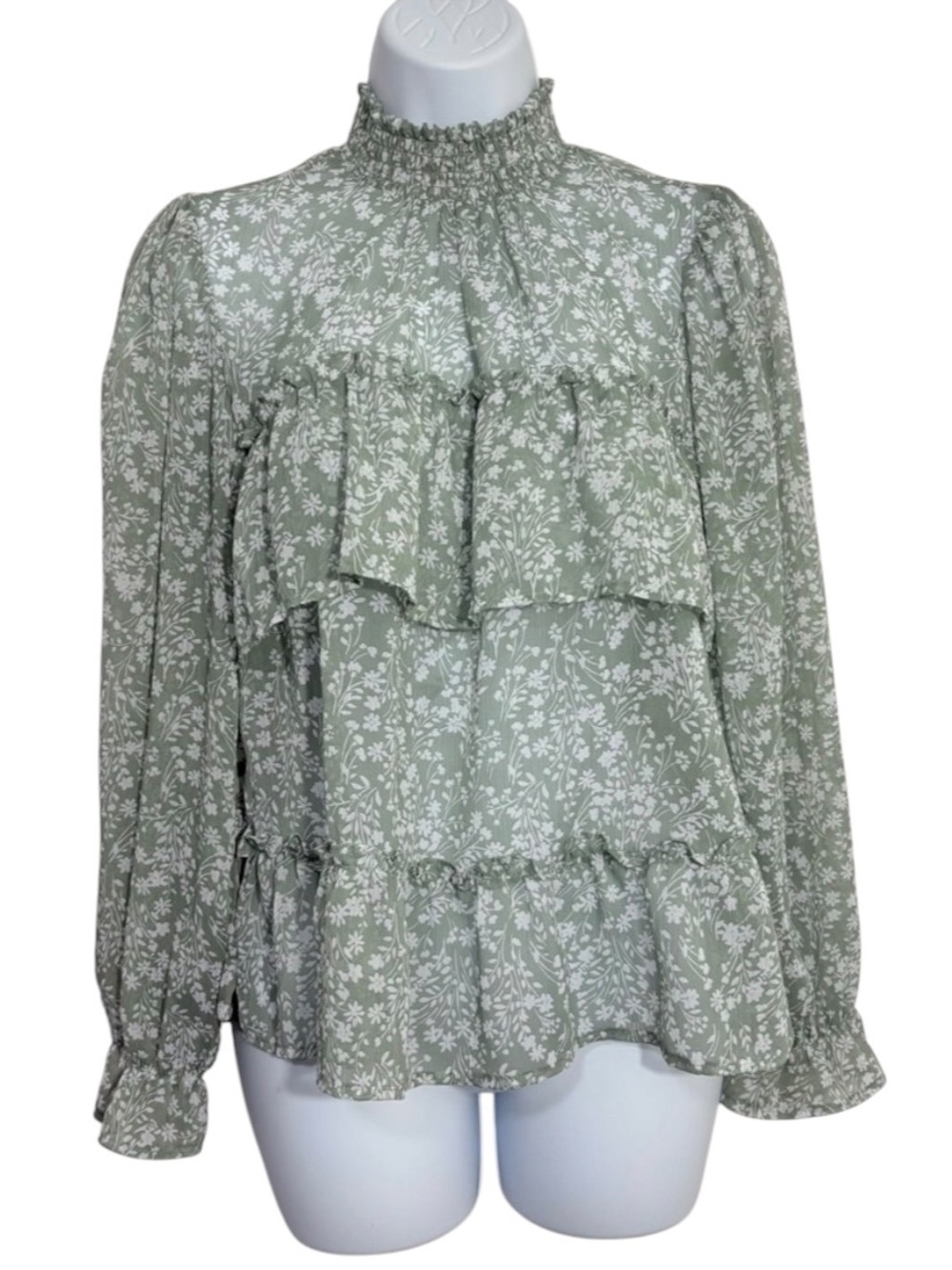 Rabbit Rose Sage Floral Puff Sleeve Blouse Smocked Mock Neck Tiered Ruffle Body
